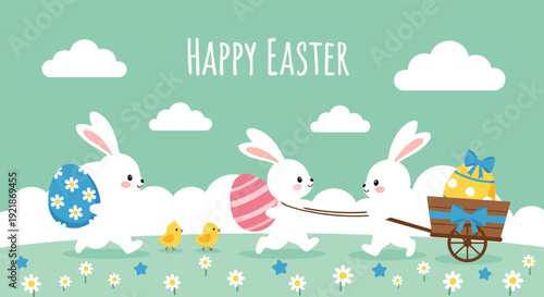Happy Easter horizontal banner featuring cute white rabbits carrying colorful eggs and pulling a wooden cart for spring holiday celebration,