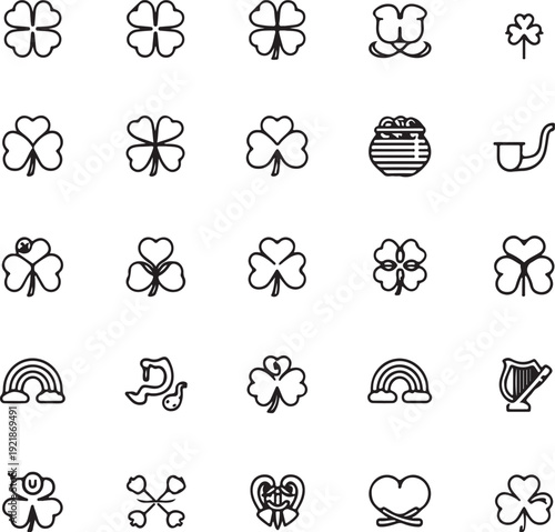 St. Patrick's Day clover and shamrock icons. Black and blue circular buttons with three-leaf clover symbols