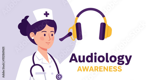 Illustration Of Audiologist And Headphones Promoting Hearing Health Awareness