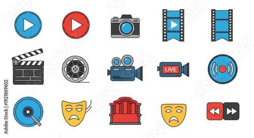 Collection of colorful movie and film icons for media production.