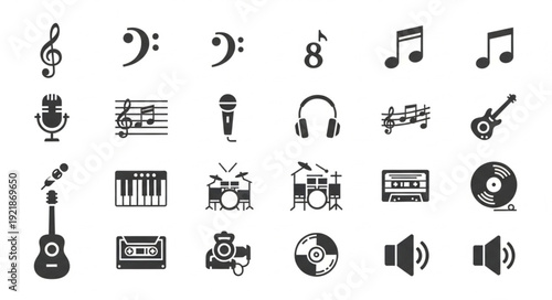 Collection of Music Icons and Symbols for Audio and Sound.