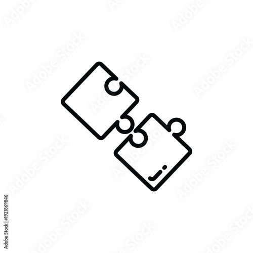 Outline icon of two puzzle pieces fitting together, symbolizing connection, solutions, and teamwork.