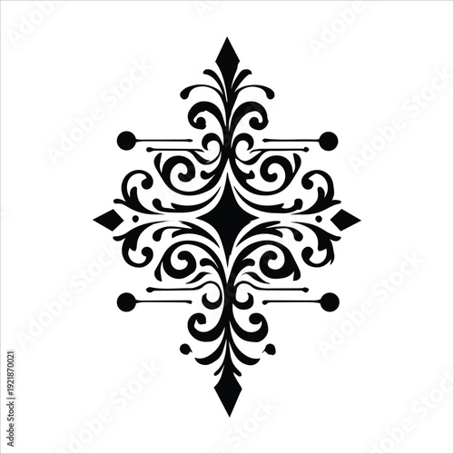 An abstract vector Christmas tree design featuring ornate floral swirls and snowflake silhouettes in a black vintage victorian ornament style for a seamless wallpaper decoration element