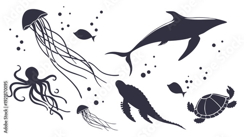 Marine Life Silhouette Collection Dolphin Turtle Octopus Jellyfish for Ocean Ecology Design Projects and Underwater Themed Graphics