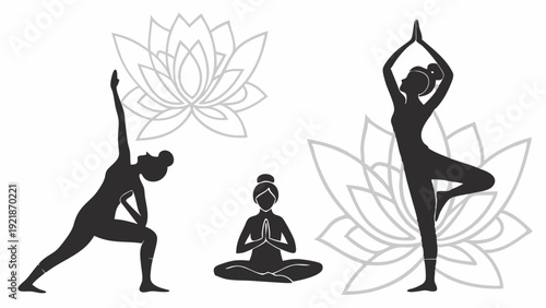 Silhouettes of Women Practicing Yoga Poses Tree Warrior Meditation for Wellness Health Spa Website Design