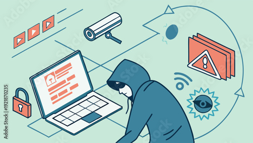 Hacker Stealing Data from Laptop with Security Camera Monitoring Cyber Attack Threat Illustration for IT Security Awareness
