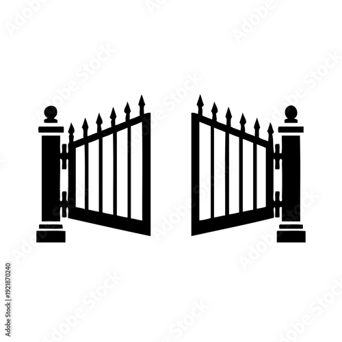 A pair of ornate black wrought iron gates with intricate designs and pillars
