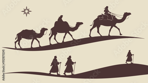 Silhouetted Three Wise Men Journeying on Camels Following Star for Christmas Nativity Illustration