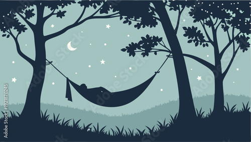 Silhouette of Person Relaxing in Hammock Under Moonlit Night Sky for Vacation Travel Relaxation and Serene Outdoor Camping Themes