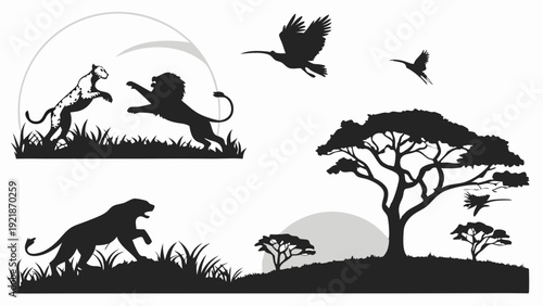 African Safari Wildlife Silhouette Scene with Fighting Lion Cheetah and Acacia Tree for Nature Travel Design