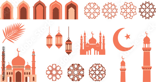 Islamic Cultural Illustration Set Featuring Mosques Minarets Lanterns Crescent Moon and Geometric Star Patterns