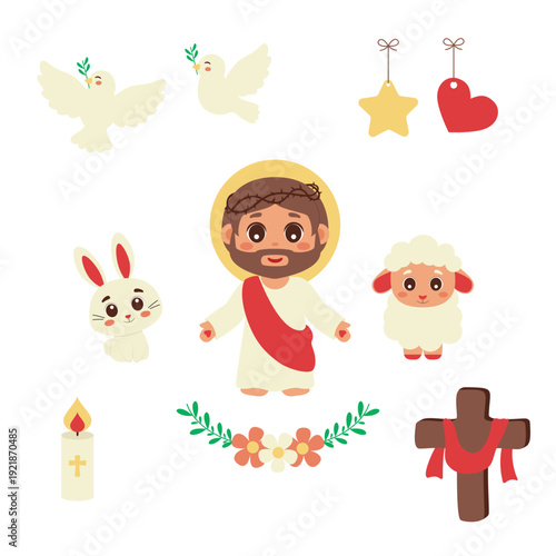 Catholic Easter Elements Set with Jesus Christ, Sacred Heart Wounds, Crown of Thorns, Cross, Lamb, Bunny, Candle, Holy Spirit Dove and Floral Elements