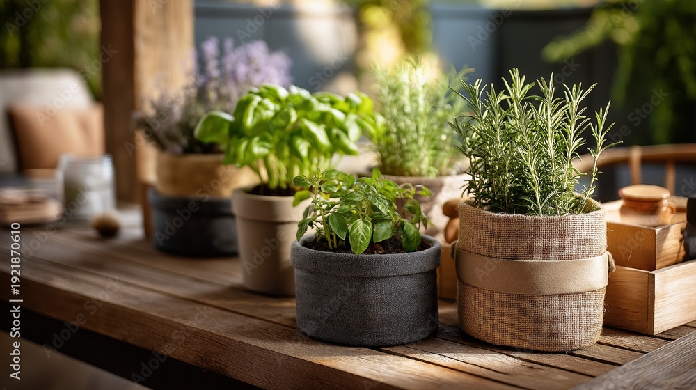 Fototapeta premium DIY gardening with small herbs in eco friendly repurposed containers cozy patio corner natural sustainable style potted plants green living organic growing outdoor planting