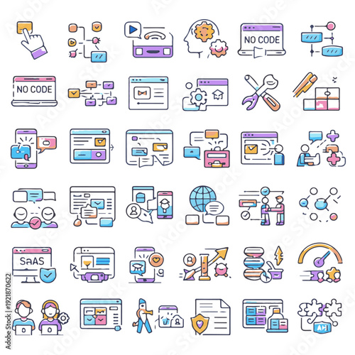 No Code Icons Set – Modern Flat Line UI Illustration Pack for Web, App Development and SaaS.