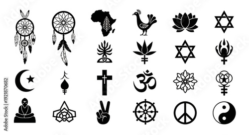 Collection of diverse cultural and religious symbols and icons.
