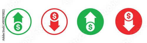 Dollar Currency Trend Icon Set, Up and Down Arrows, Coin Graph, Flat and Line Style, Money Growth and Decline, Investment, Market Price Vector