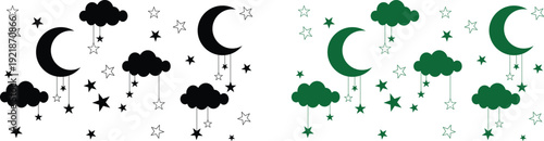 Contrasting tree silhouettes and blurry green leaves on white background