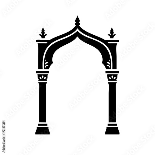Elegant black and white architectural structure with intricate details and a pointed arch.