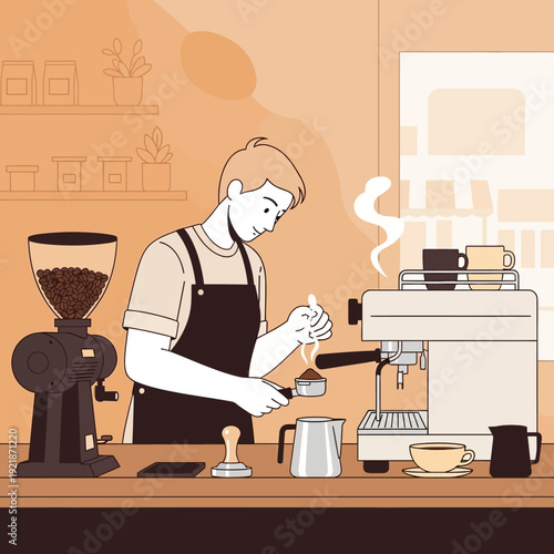 Barista preparing espresso coffee with machine and grinder in cafe, warm tones
