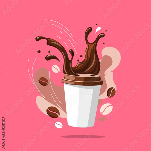 Coffee Splash From Cup With Beans, Dynamic Motion, Pink Background