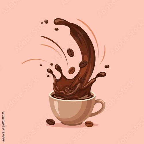 Coffee Splash in Cup with Beans, Dynamic Liquid Motion, Morning Energy