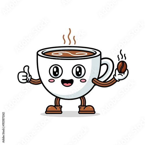 Cute Coffee Cup Character Holding Coffee Bean, Thumbs Up, Steaming Hot Drink