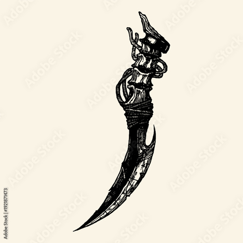 Curved Tribal Dagger Bone Handle Engraving