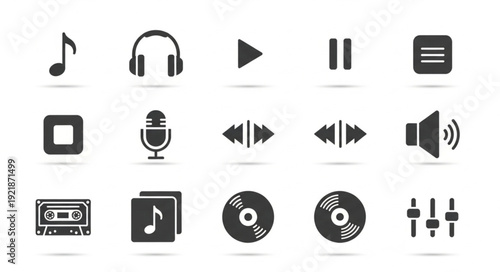 Collection of Music and Audio Icons on White Background.