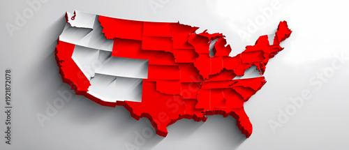 Simplified USA map bold red white background minimalist graphic