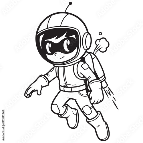 Black and White Cartoon Astronaut Flying with Jetpack