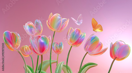 Glass colored tulips and delicate butterflies on a pastel background. Spring backdrop for greeting cards, banners, decor, and posters