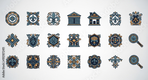 Collection of ornate heraldic crests and emblems with magnifying glass.