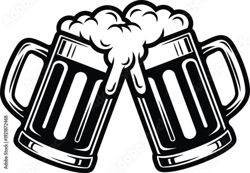 Two Foamy Beer Mugs Clinking Together for Celebration Toast  Vector Illustration