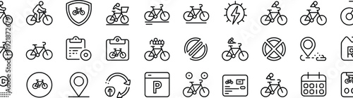 Set of minimalist bicycle line icons featuring mountain bikes, city commuters, delivery cycling, bike parking, navigation pins, and eco-friendly transportation,