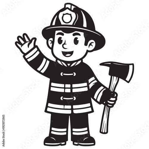 Smiling Cartoon Boy Dressed as a Firefighter, Waving and Holding an Axe