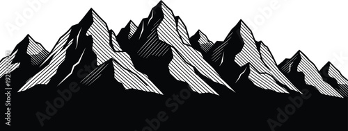 Mountain range silhouette with detailed peaks and ridges landscape illustration isolated on white background vector graphic