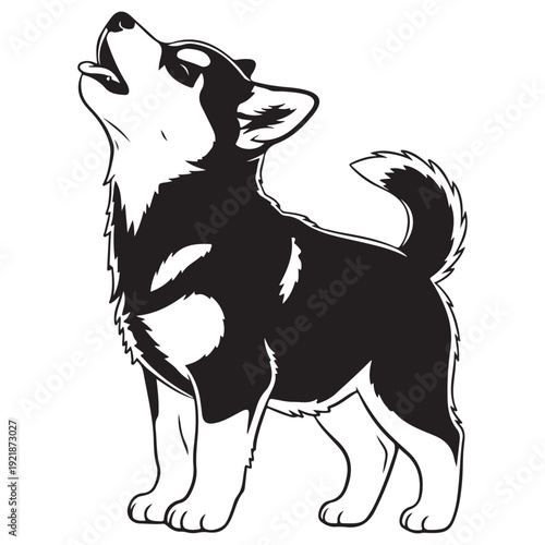 Cute Black and White Husky Puppy Howling Vector Illustration