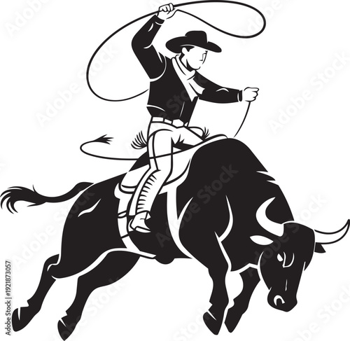 Cowboy riding a bucking bull with a lasso.
