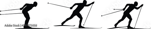 Cross country skier silhouettes set winter sport athlete skiing with poles isolated on white background vector illustration