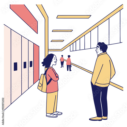 Two young people talking in a school hallway with lockers  