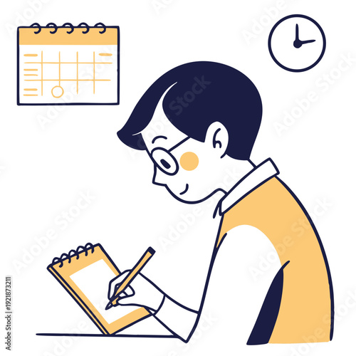 Young boy writing notes in notebook while studying at desk  