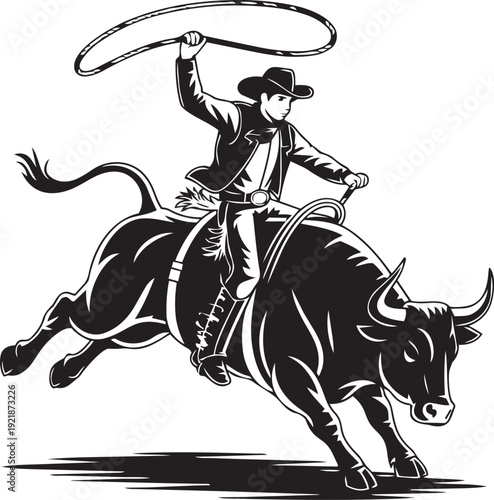 Cowboy riding a bucking bull with a lasso.