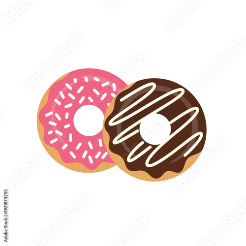 Two delicious donuts, one with pink frosting and sprinkles, another with chocolate frosting and white glaze