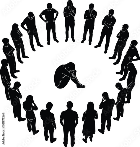 Bullying concept silhouettes group of people surrounding sad person sitting alone social pressure harassment vector illustration