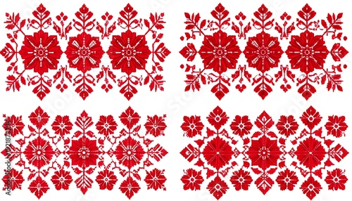Symmetrical red floral patterns on white background in horizontal rows resembling folk embroidery or woven textile designs