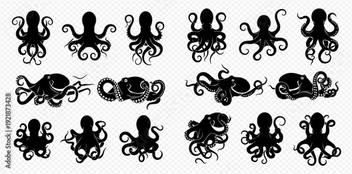 A collection of stylized black octopus and kraken silhouettes isolated on a transparent background.