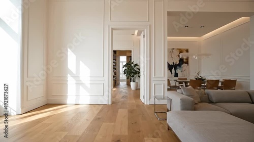 Spacious Modern Apartment Interior with Hardwood Floors and Natural Light.