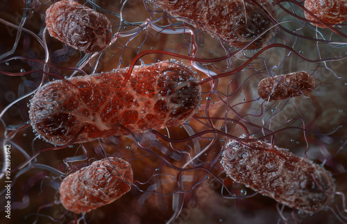 Obraz na plátne Salmonella enterica bacterium: peritrichous flagellated gram-negative bacillus colony in gastrointestinal microenvironment
