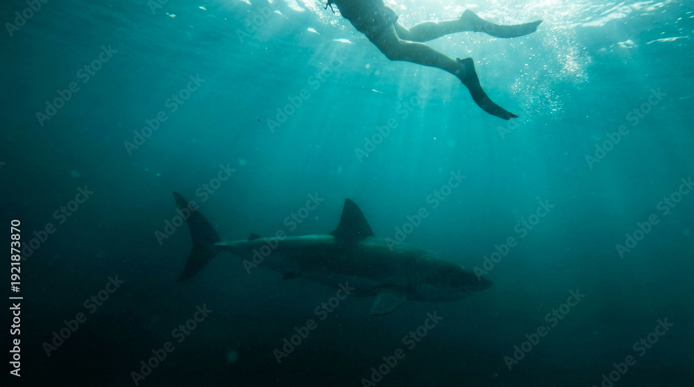 Obraz premium Quiet deepsea setting featuring hidden predator and sunlight penetration