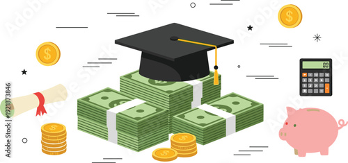 Education funding and student loan concept vector with graduation hat on stacks of money piggy bank and diploma for university tuition savings